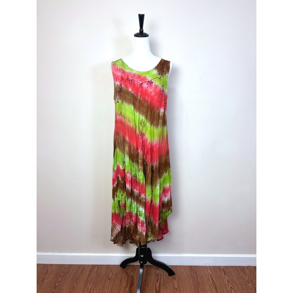 Boho Embroidered Floral Tie Dye Midi Dress ONE SIZE Beach Coastal Resort Summer